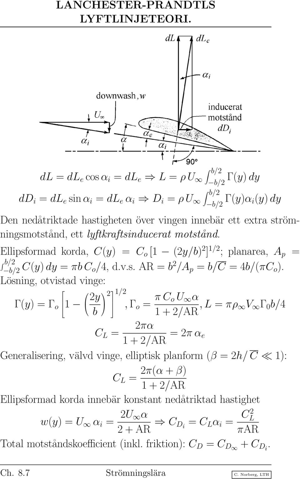 lyftkraftsinducerat motstånd. Ellipsformad korda, C(y) = C o [1 (2y/b) 2 ] 1/2 ; planarea, A p = b/2 b/2 C(y)dy = πbc o/4, d.v.s. AR = b 2 /A p = b/c = 4b/(πC o ).