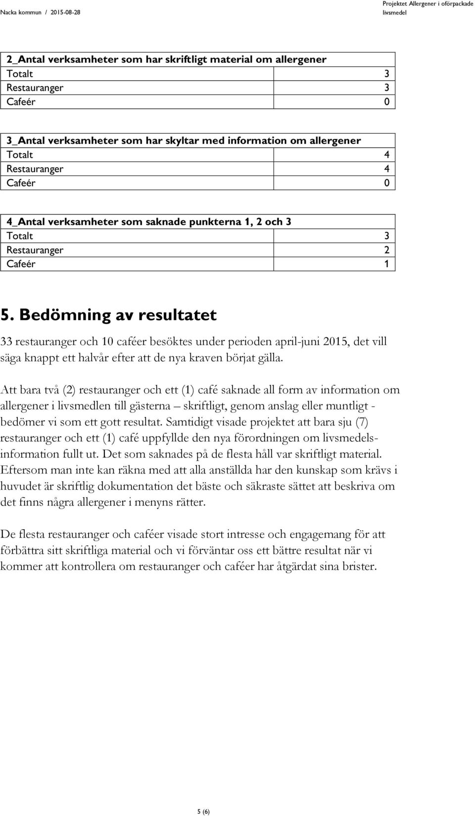 Bedömning av resultatet 33 restauranger och 10 caféer besöktes under perioden april-juni 2015, det vill säga knappt ett halvår efter att de nya kraven börjat gälla.