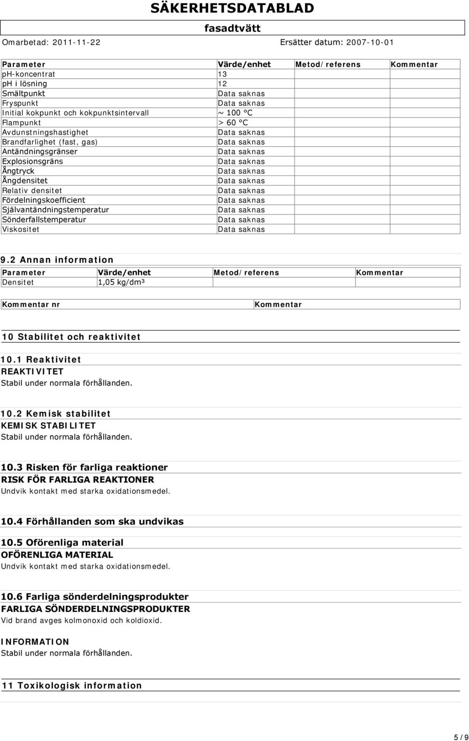 2 Annan information Parameter Värde/enhet Metod/referens Kommentar Densitet 1,05 kg/dm³ Kommentar nr Kommentar 10 Stabilitet och reaktivitet 10.