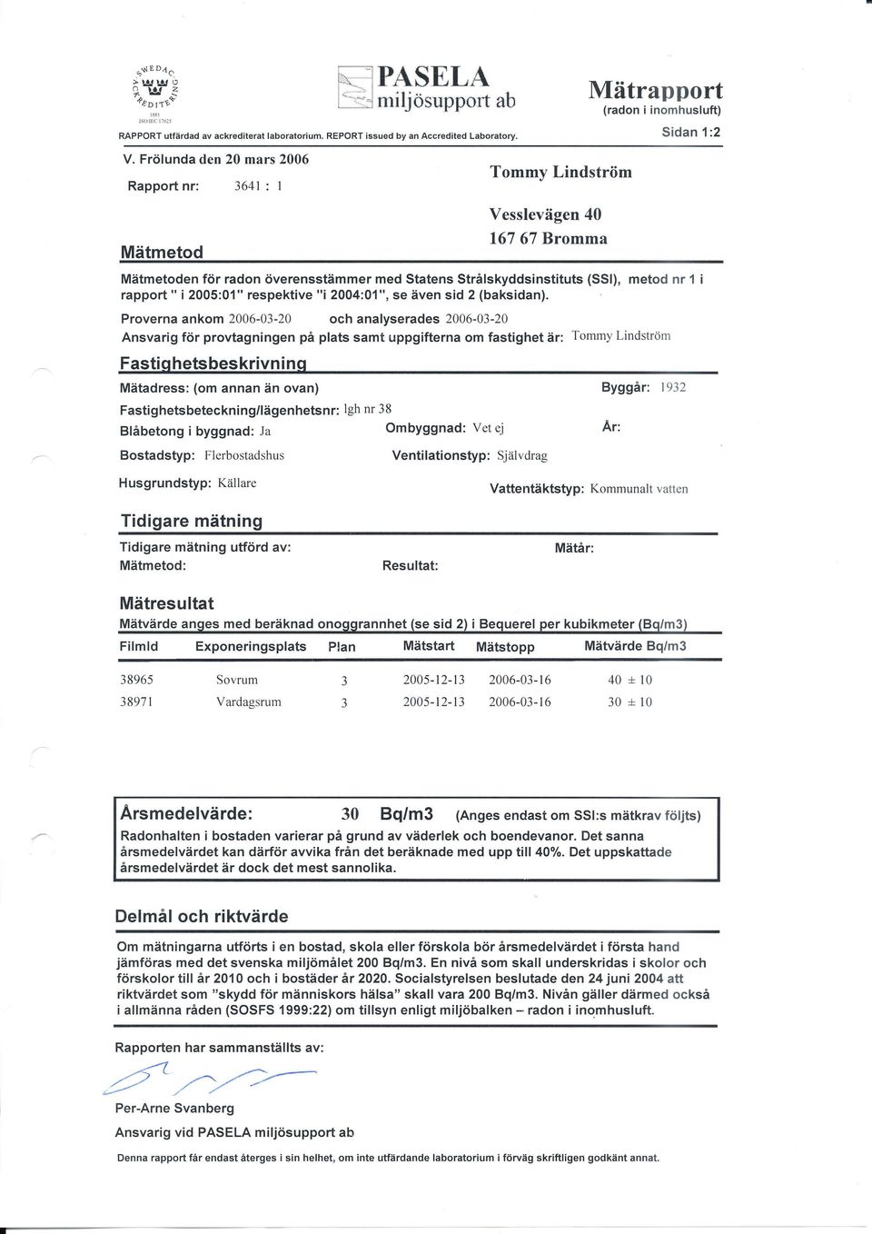 Bostadstyp: Flerbostadshus Ventilationstyp: SjäLvdrag vattentäktstyp: Kommunaltvanen : Mätvärde anges med beräknad onoggrannhet (se sid 2) i Bequerel per kubikmeter (Bq/m3) 38965 Sovrum 3 2005-12-13