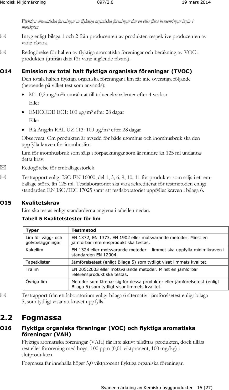 Redogörelse för halten av flyktiga aromatiska föreningar och beräkning av VOC i produkten (utifrån data för varje ingående råvara).
