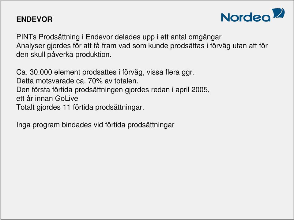 000 element prodsattes i förväg, vissa flera ggr. Detta motsvarade ca. 70% av totalen.