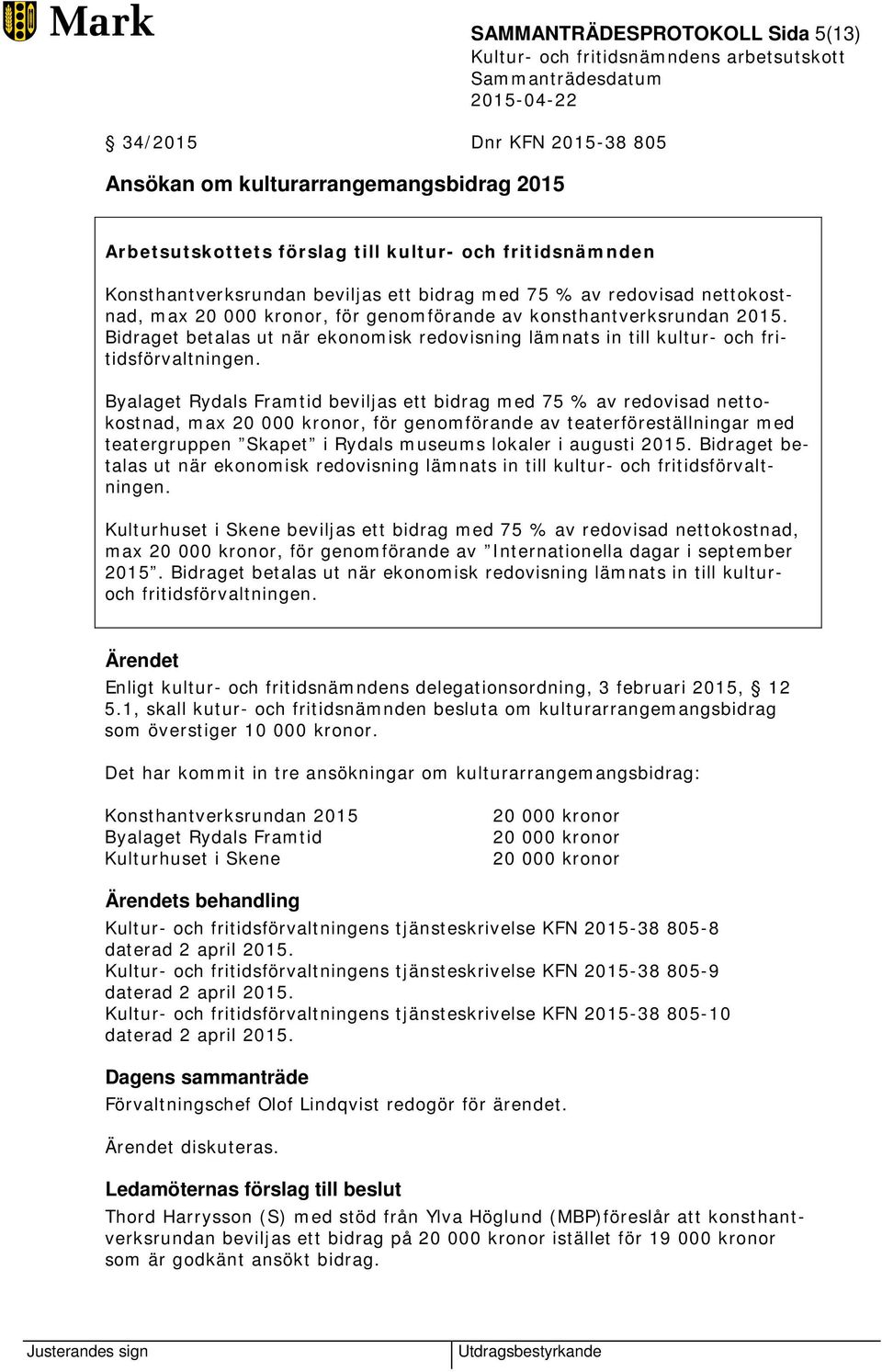 Byalaget Rydals Framtid beviljas ett bidrag med 75 % av redovisad nettokostnad, max 20 000 kronor, för genomförande av teaterföreställningar med teatergruppen Skapet i Rydals museums lokaler i