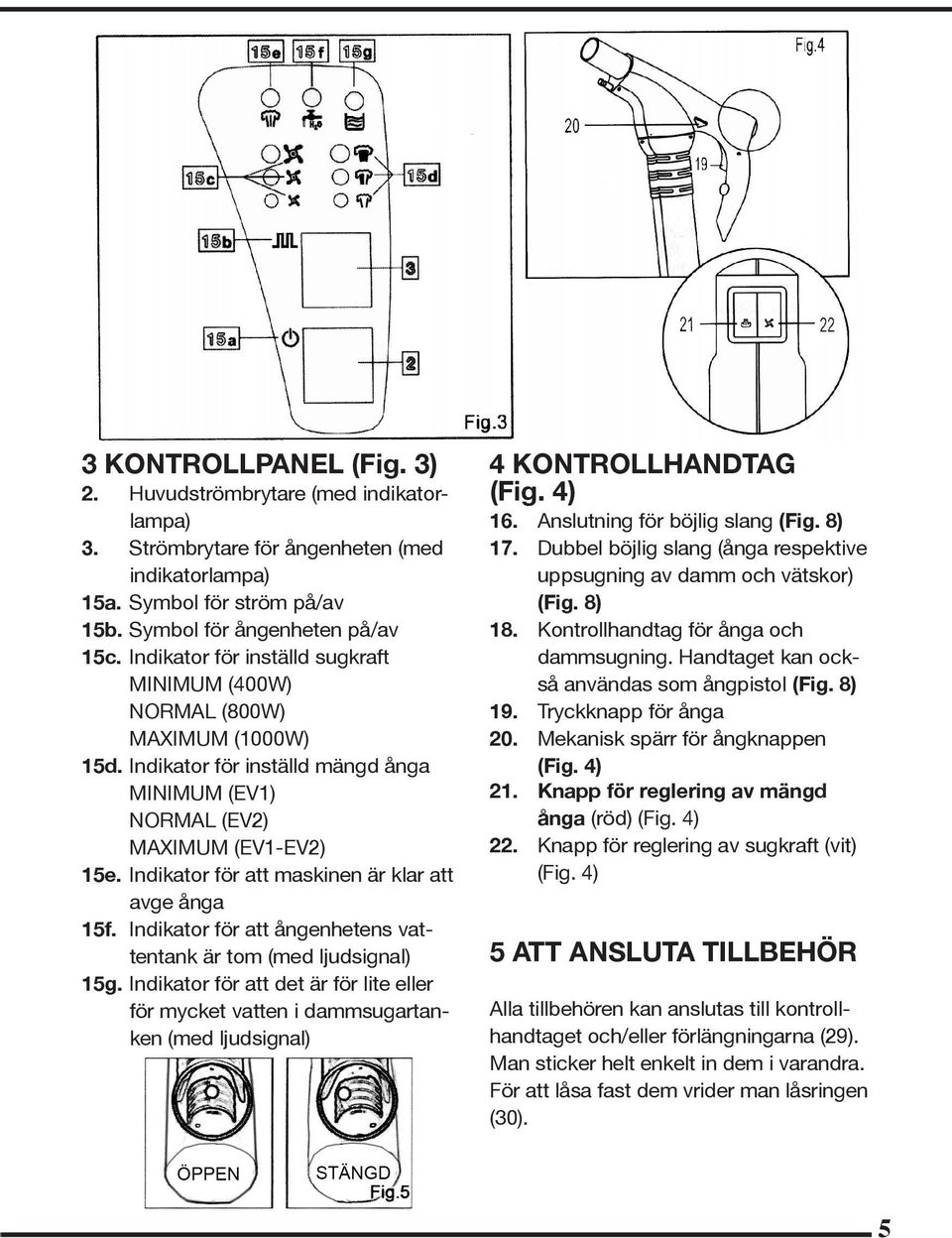 Indikator för att maskinen är klar att avge ånga 15f. Indikator för att ångenhetens vattentank är tom (med ljudsignal) 15g.