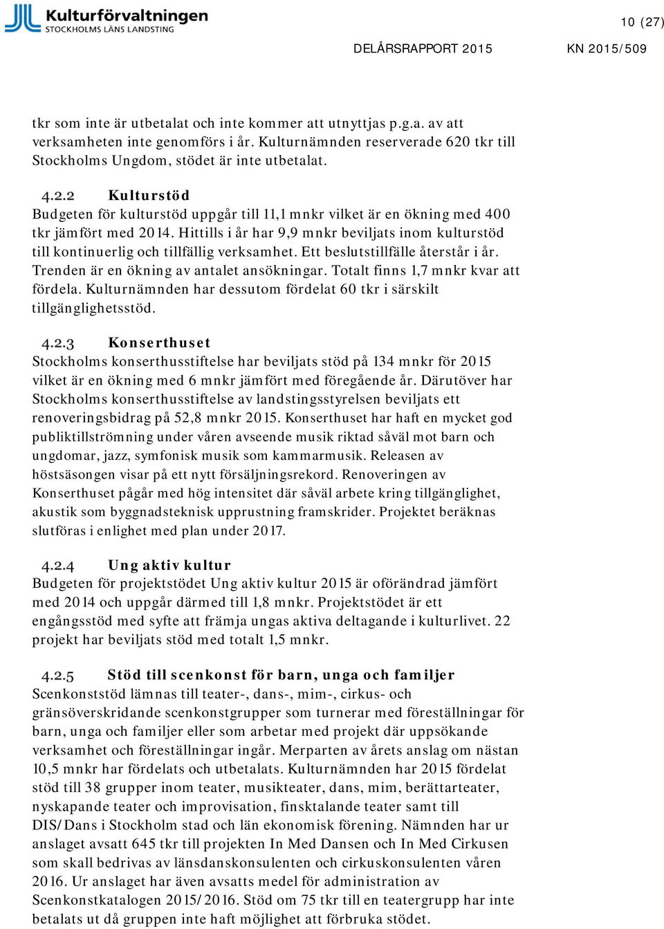 Hittills i år har 9,9 mnkr beviljats inom kulturstöd till kontinuerlig och tillfällig verksamhet. Ett beslutstillfälle återstår i år. Trenden är en ökning av antalet ansökningar.