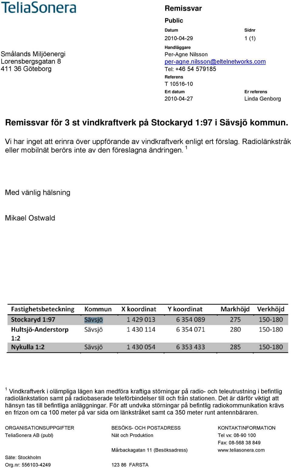 Vi har inget att erinra över uppförande av vindkraftverk enligt ert förslag. Radiolänkstråk eller mobilnät berörs inte av den föreslagna ändringen.