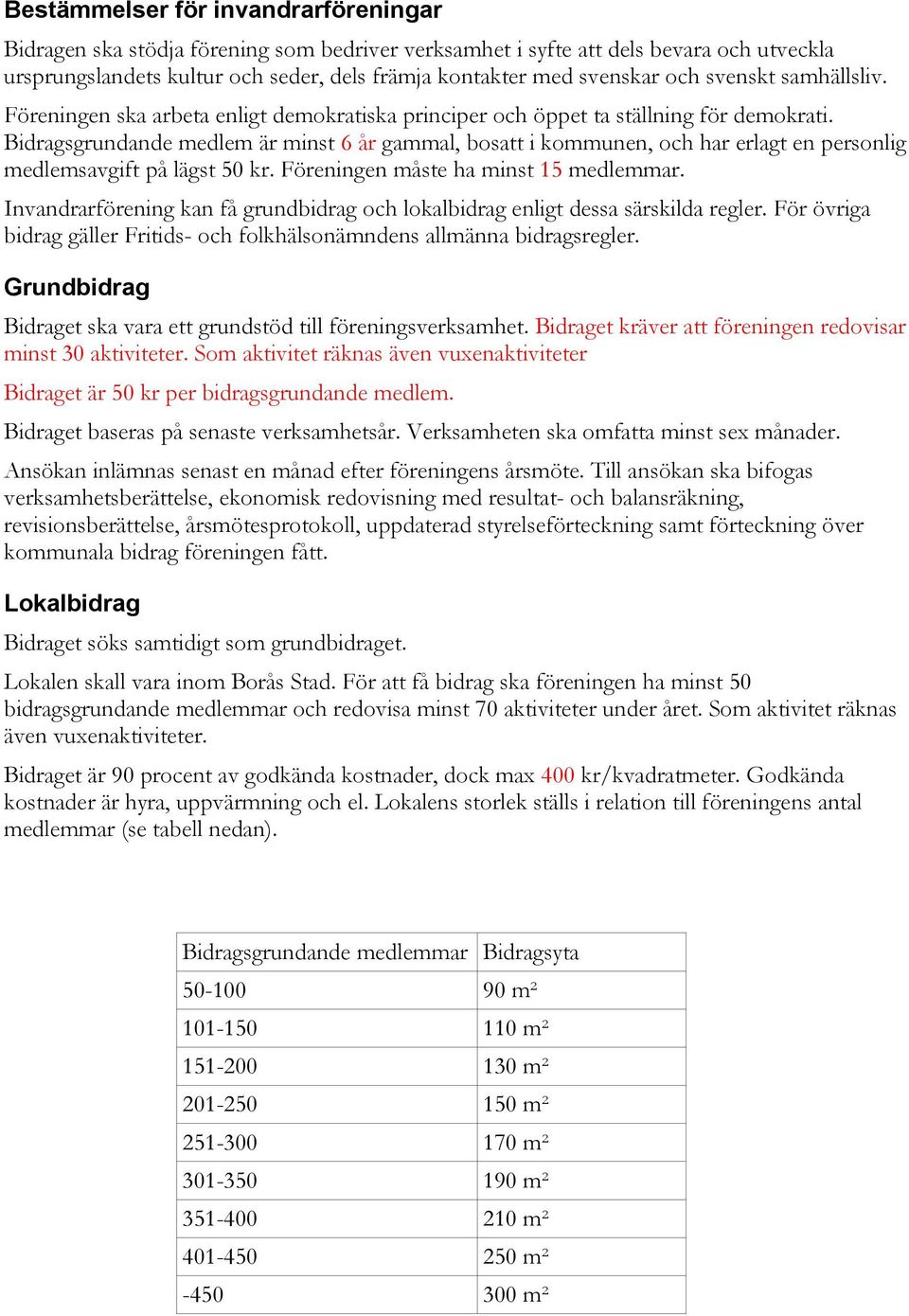 Bidragsgrundande medlem är minst 6 år gammal, bosatt i kommunen, och har erlagt en personlig medlemsavgift på lägst 50 kr. Föreningen måste ha minst 15 medlemmar.