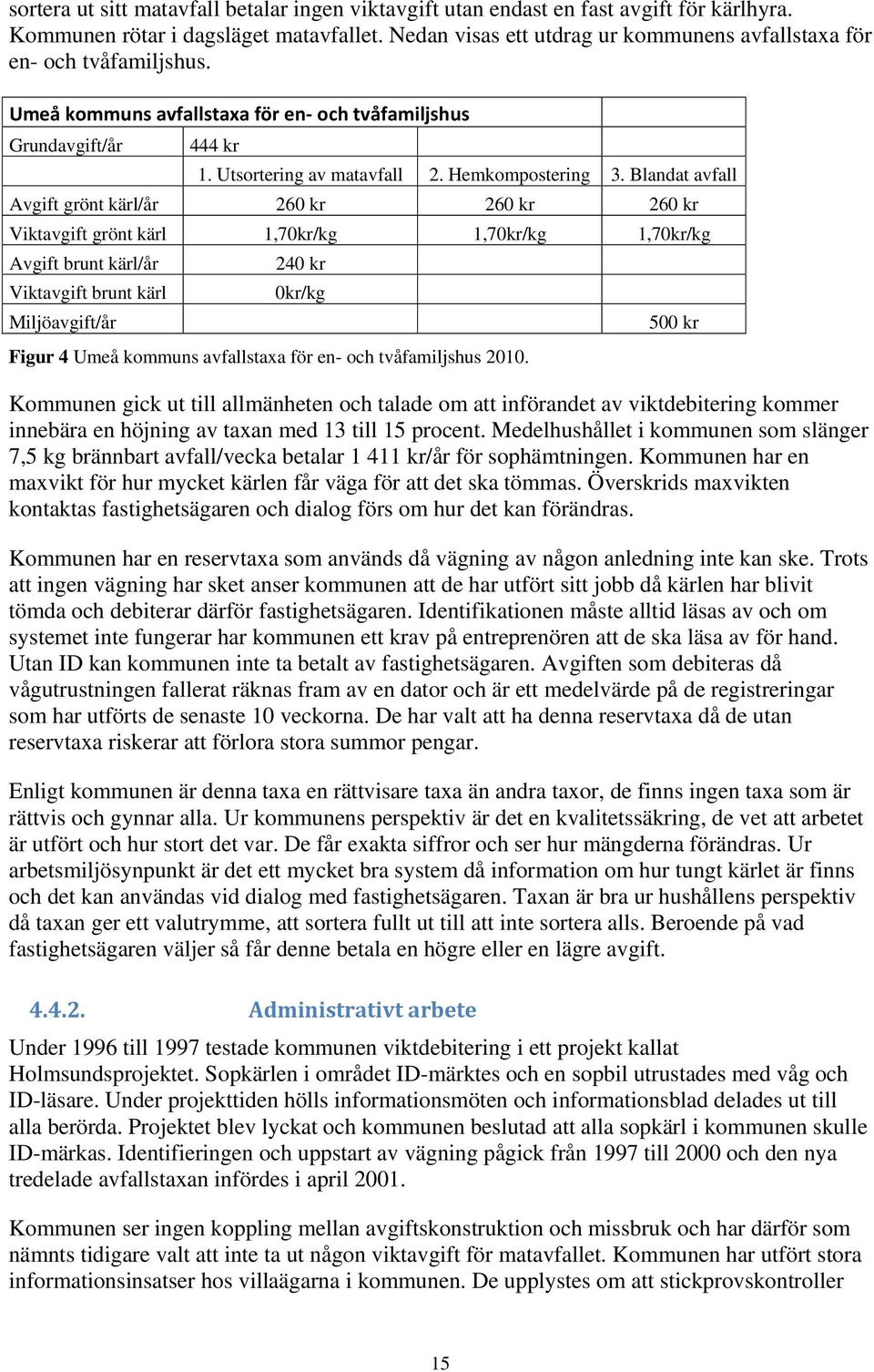 Blandat avfall Avgift grönt kärl/år 260 kr 260 kr 260 kr Viktavgift grönt kärl 1,70kr/kg 1,70kr/kg 1,70kr/kg Avgift brunt kärl/år 240 kr Viktavgift brunt kärl 0kr/kg Miljöavgift/år 500 kr Figur 4