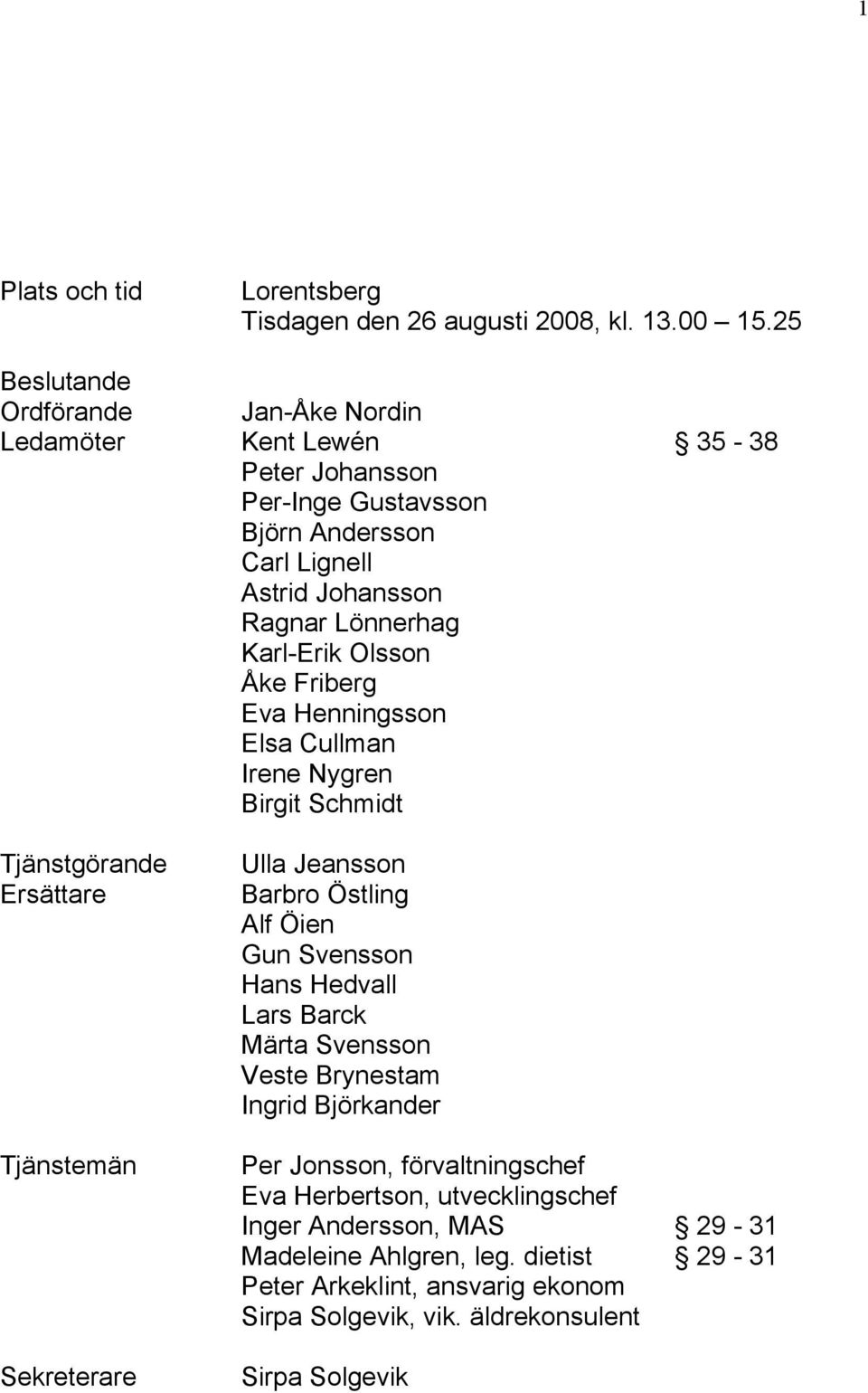 Olsson Åke Friberg Eva Henningsson Elsa Cullman Irene Nygren Birgit Schmidt Tjänstgörande Ersättare Tjänstemän Sekreterare Ulla Jeansson Barbro Östling Alf Öien Gun Svensson