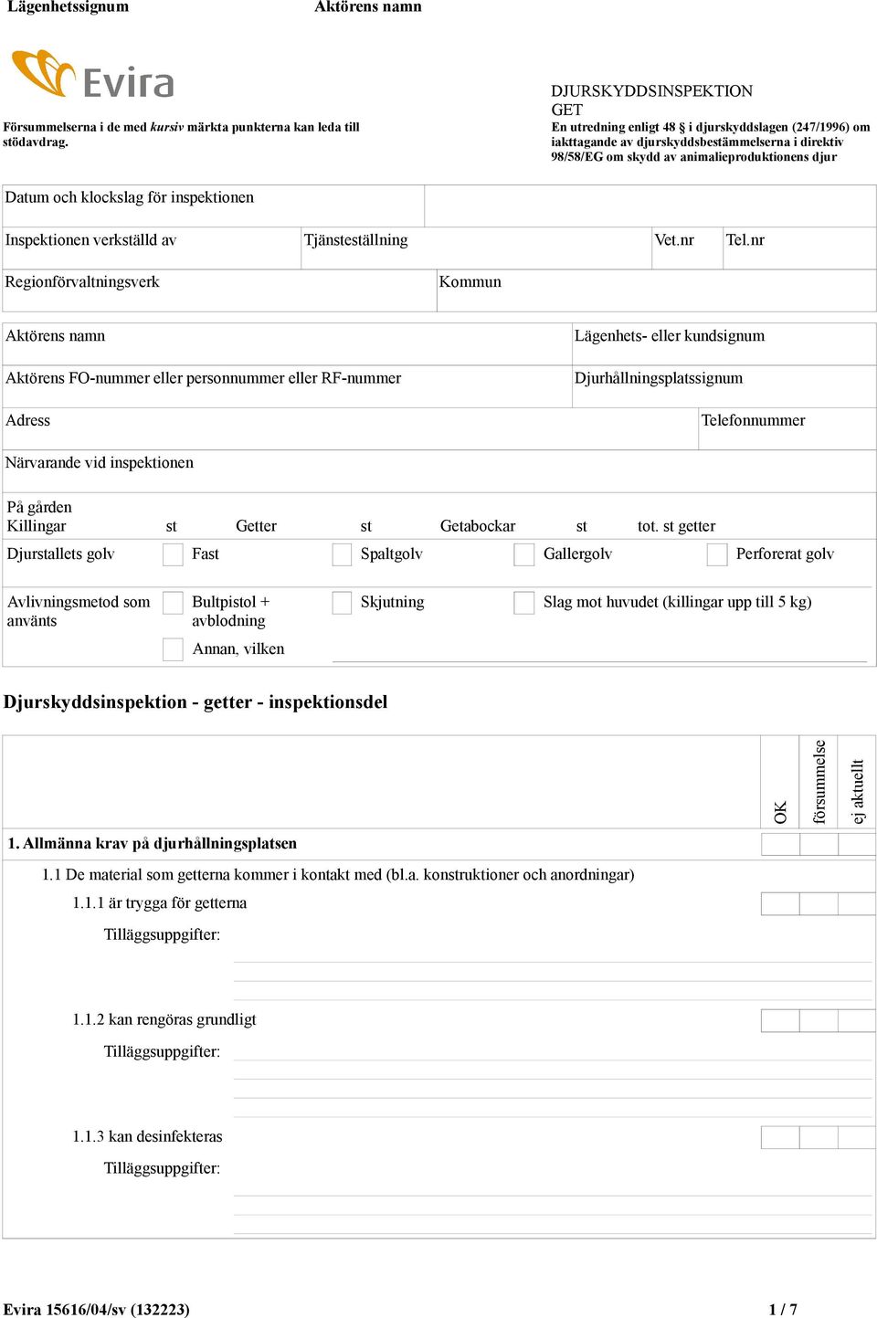 för inspektionen Inspektionen verkställd av Tjänsteställning Vet.nr Tel.