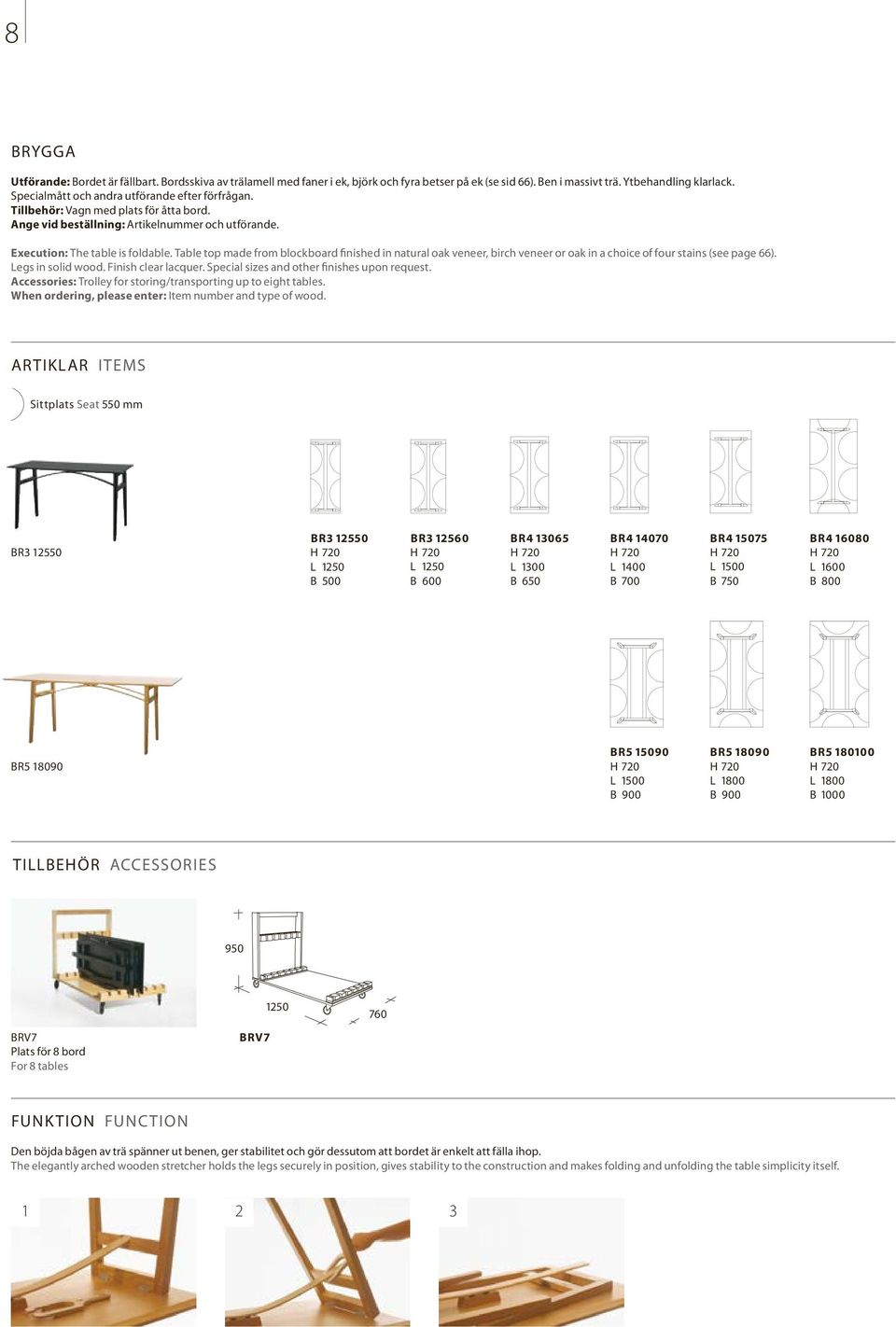 Table top made from blockboard finished in natural oak veneer, birch veneer or oak in a choice of four stains (see page 66). Legs in solid wood. Finish clear lacquer.