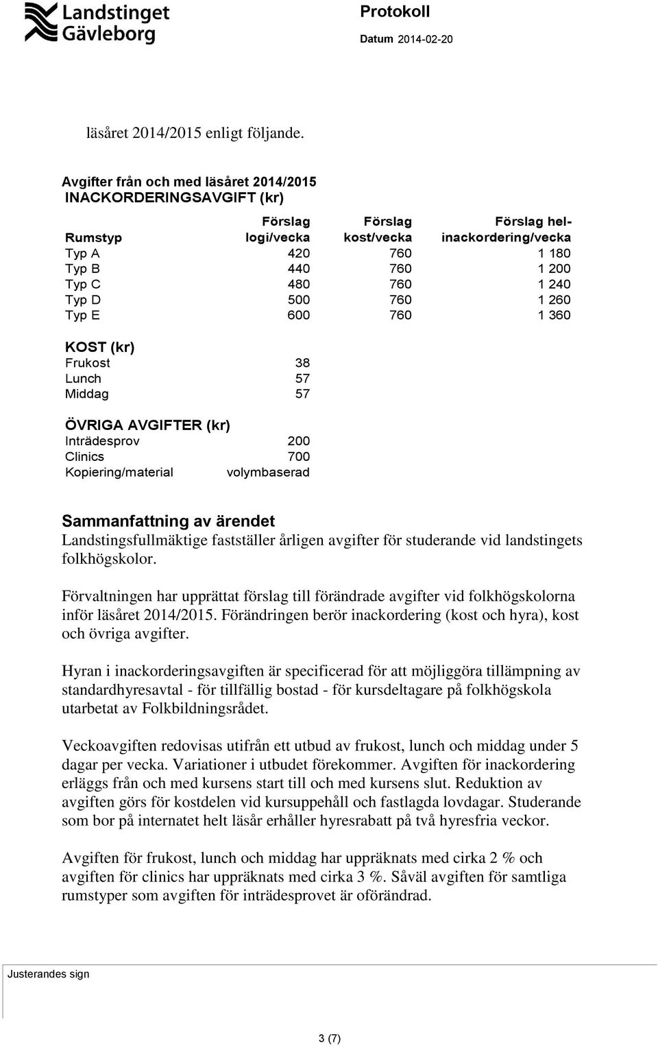 240 Typ D 500 760 1 260 Typ E 600 760 1 360 KOST (kr) Frukost 38 Lunch 57 Middag 57 ÖVRIGA AVGIFTER (kr) Inträdesprov 200 Clinics 700 Kopiering/material volymbaserad Landstingsfullmäktige fastställer