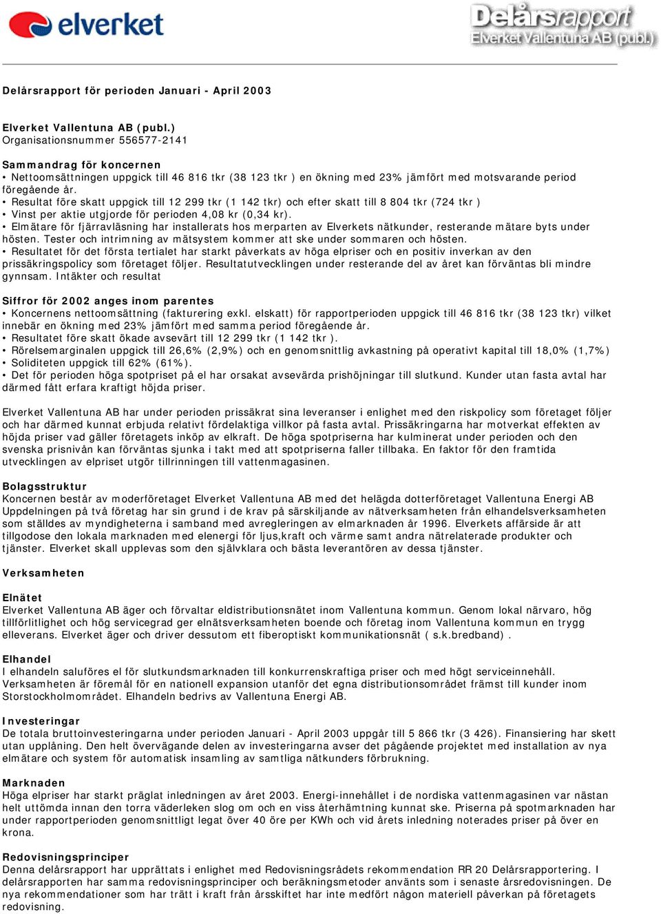 Resultat före skatt uppgick till 12 299 tkr (1 142 tkr) och efter skatt till 8 804 tkr (724 tkr ) Vinst per aktie utgjorde för perioden 4,08 kr (0,34 kr).