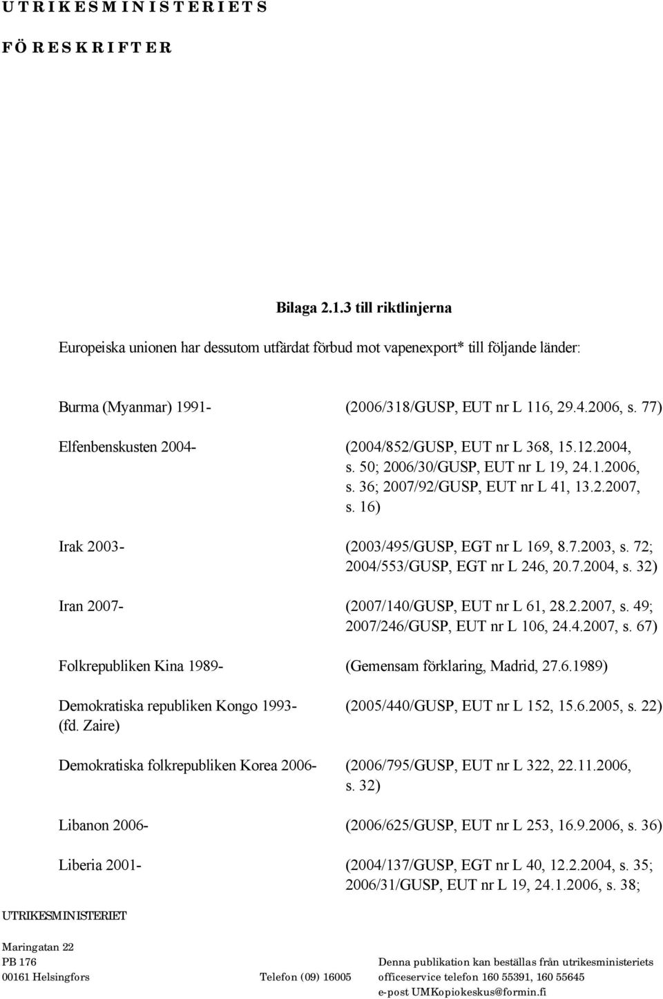 16) Irak 2003- (2003/495/GUSP, EGT nr L 169, 8.7.2003, s. 72; 2004/553/GUSP, EGT nr L 246, 20.7.2004, s. 32) Iran 2007- (2007/140/GUSP, EUT nr L 61, 28.2.2007, s. 49; 2007/246/GUSP, EUT nr L 106, 24.