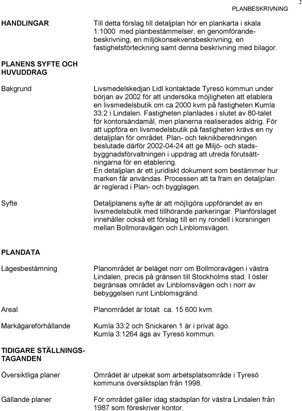 PLANENS SYFTE OCH HUVUDDRAG Bakgrund Syfte Livsmedelskedjan Lidl kontaktade Tyresö kommun under början av 2002 för att undersöka möjligheten att etablera en livsmedelsbutik om ca 2000 kvm på