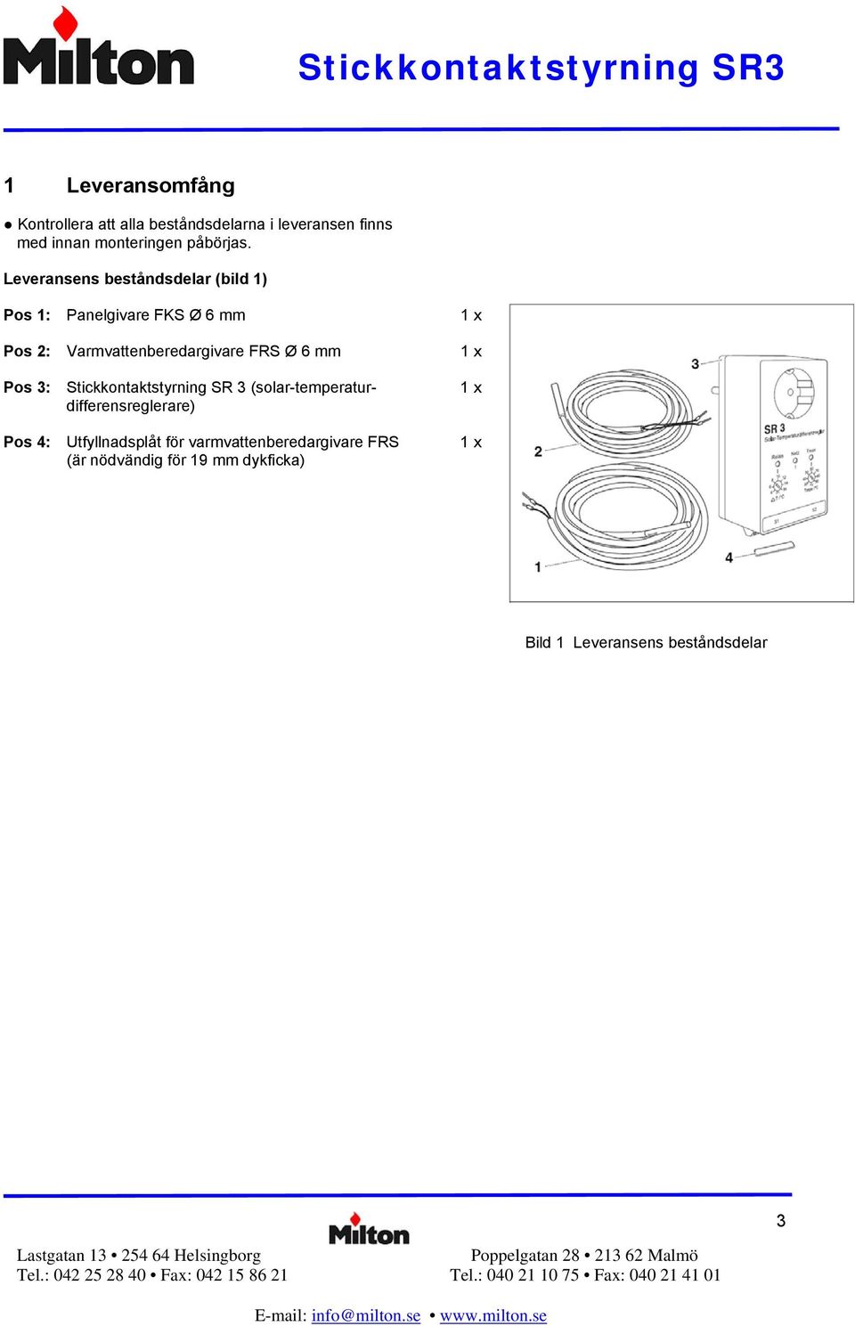 mm Pos 3: Stickkontaktstyrning SR 3 (solar-temperaturdifferensreglerare) Pos 4: Utfyllnadsplåt för