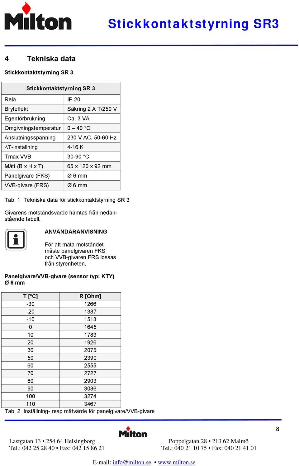 mm Tab. 1 Tekniska data för stickkontaktstyrning SR 3 Givarens motståndsvärde hämtas från nedanstående tabell.