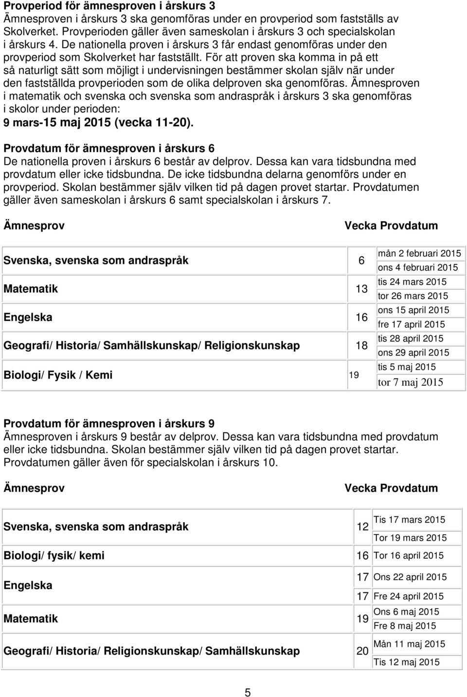 För att proven ska komma in på ett så naturligt sätt som möjligt i undervisningen bestämmer skolan själv när under den fastställda provperioden som de olika delproven ska genomföras.