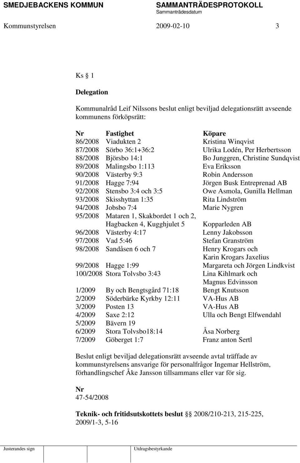 7:94 Jörgen Busk Entreprenad AB 92/2008 Stensbo 3:4 och 3:5 Owe Asmola, Gunilla Hellman 93/2008 Skisshyttan 1:35 Rita Lindström 94/2008 Jobsbo 7:4 Marie Nygren 95/2008 Mataren 1, Skakbordet 1 och 2,