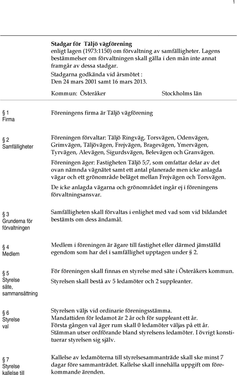 Kommun: Österåker Stockholms län 1 Firma Föreningens firma är Täljö vägförening 2 Samfälligheter Föreningen förvaltar: Täljö Ringväg, Torsvägen, Odenvägen, Grimvägen, Täljövägen, Frejvägen,