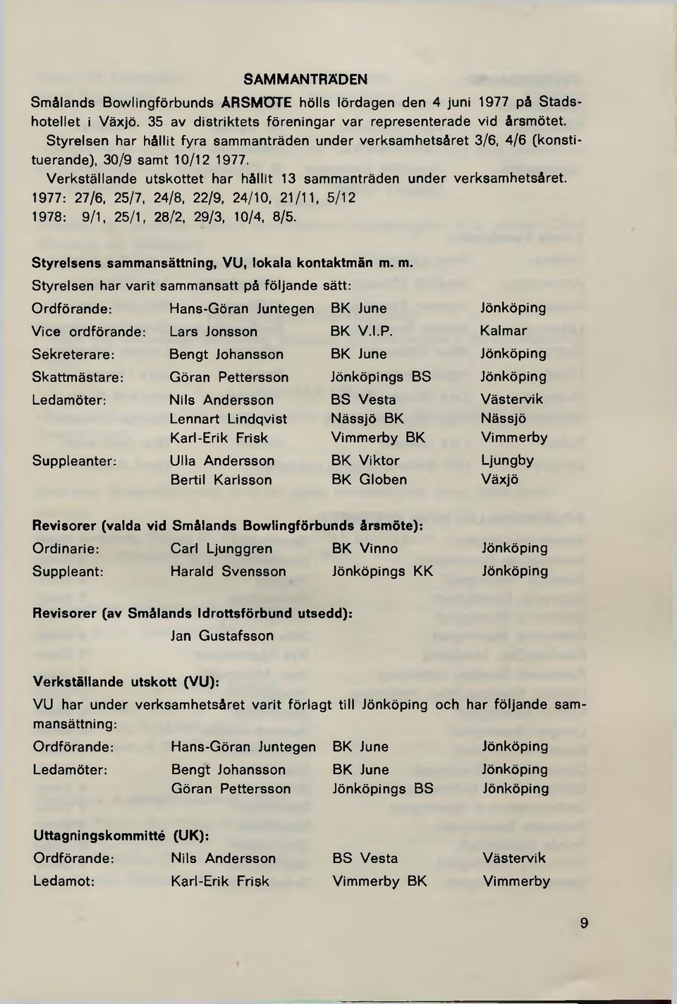1977: 27/6, 25/7, 24/8, 22/9, 24/10, 21/11, 5/12 1978: 9/1, 25/1, 28/2, 29/3, 10/4, 8/5. Styrelsens sammansättning, VU, lokala kontaktm än m.
