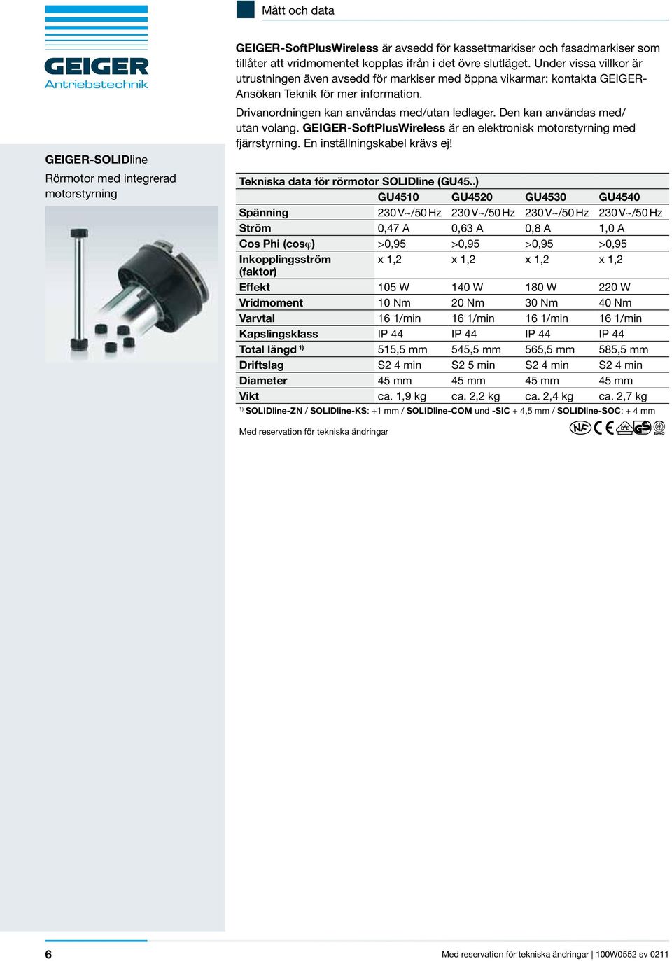 GEIGER-SOLIDline Rörmotor med integrerad motorstyrning Drivanordningen kan användas med/utan ledlager. Den kan användas med/ utan volang.