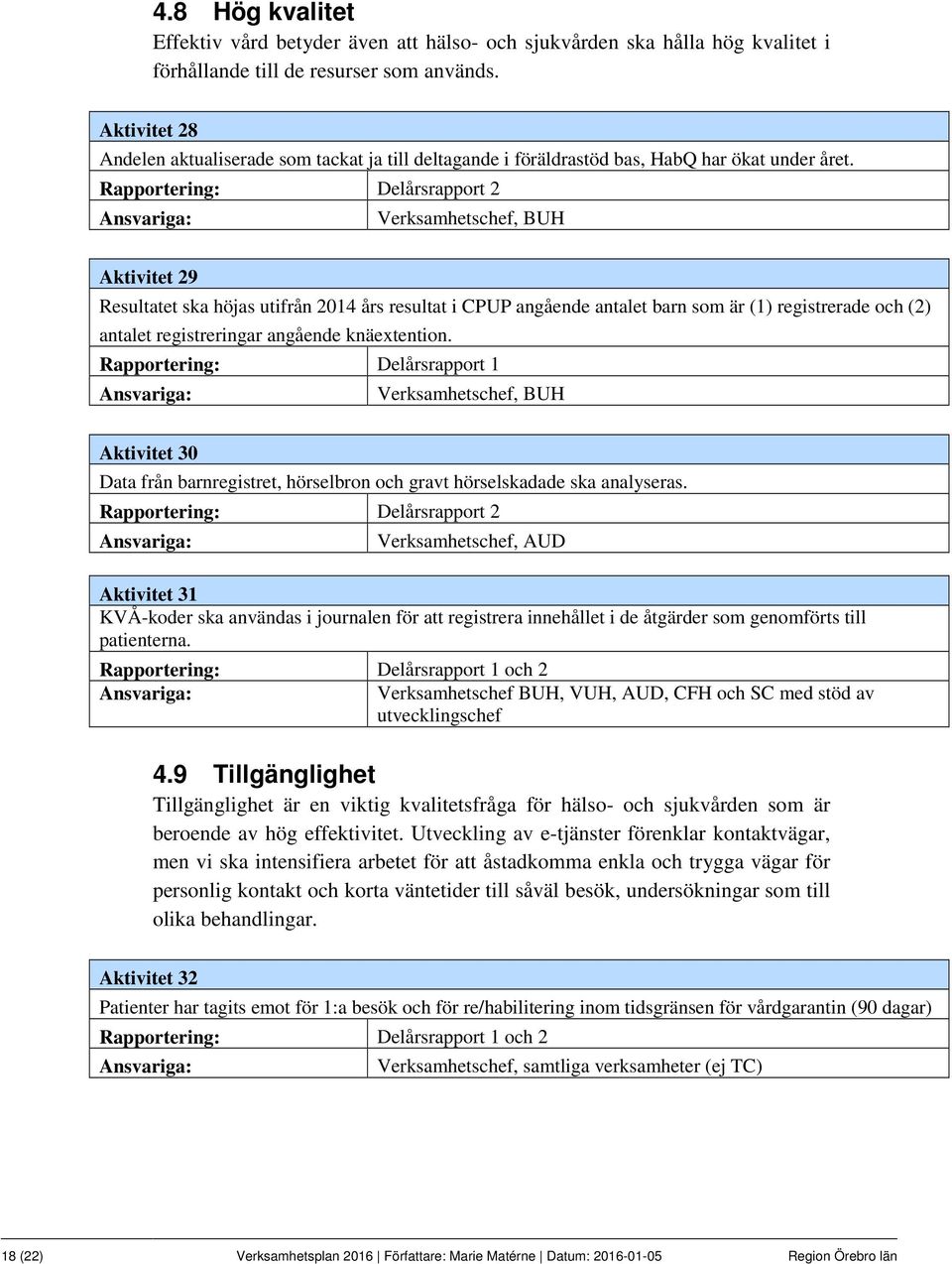 Verksamhetschef, BUH Aktivitet 29 Resultatet ska höjas utifrån 2014 års resultat i CPUP angående antalet barn som är (1) registrerade och (2) antalet registreringar angående knäextention.
