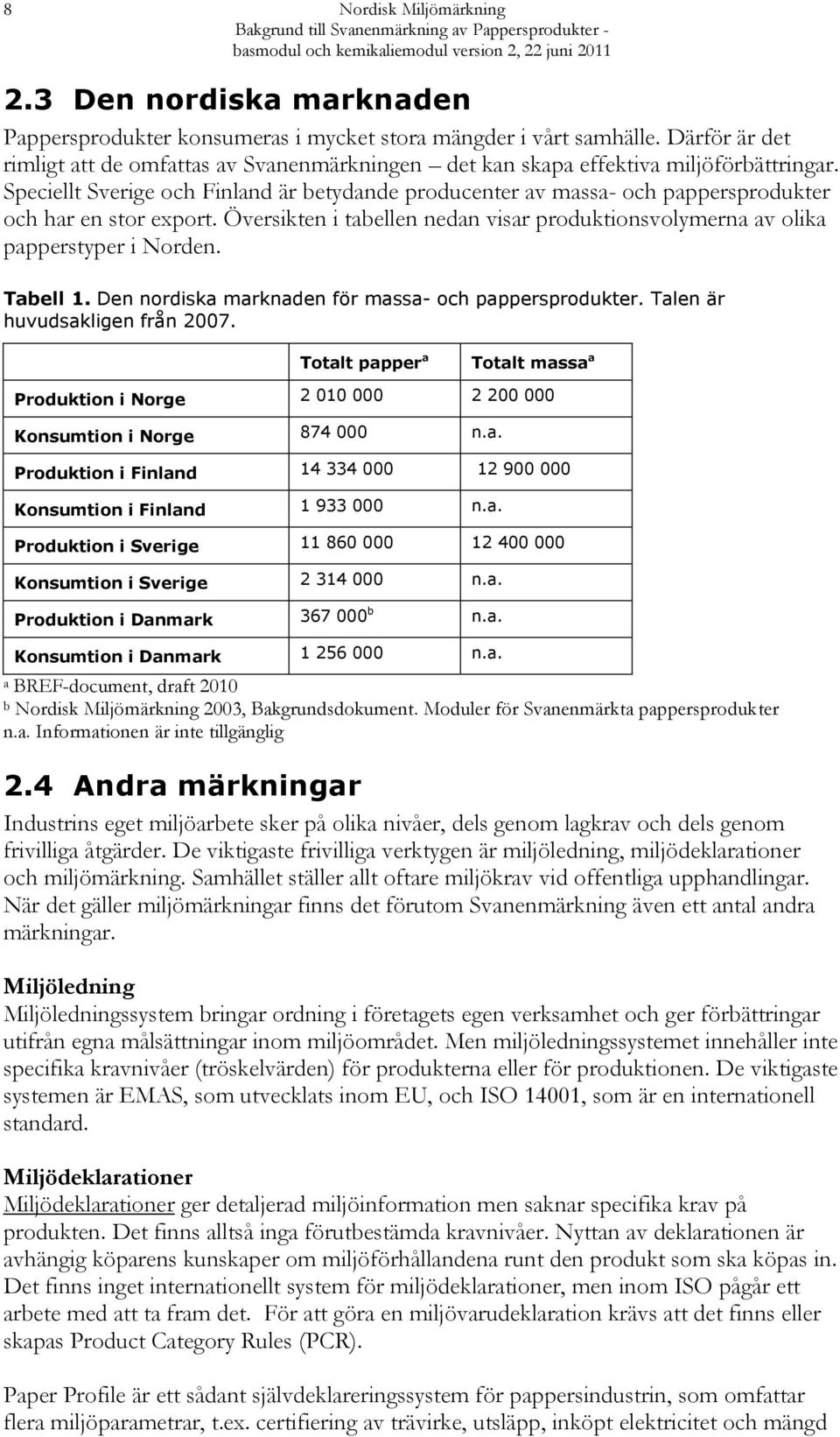 Speciellt Sverige och Finland är betydande producenter av massa- och pappersprodukter och har en stor export. Översikten i tabellen nedan visar produktionsvolymerna av olika papperstyper i Norden.