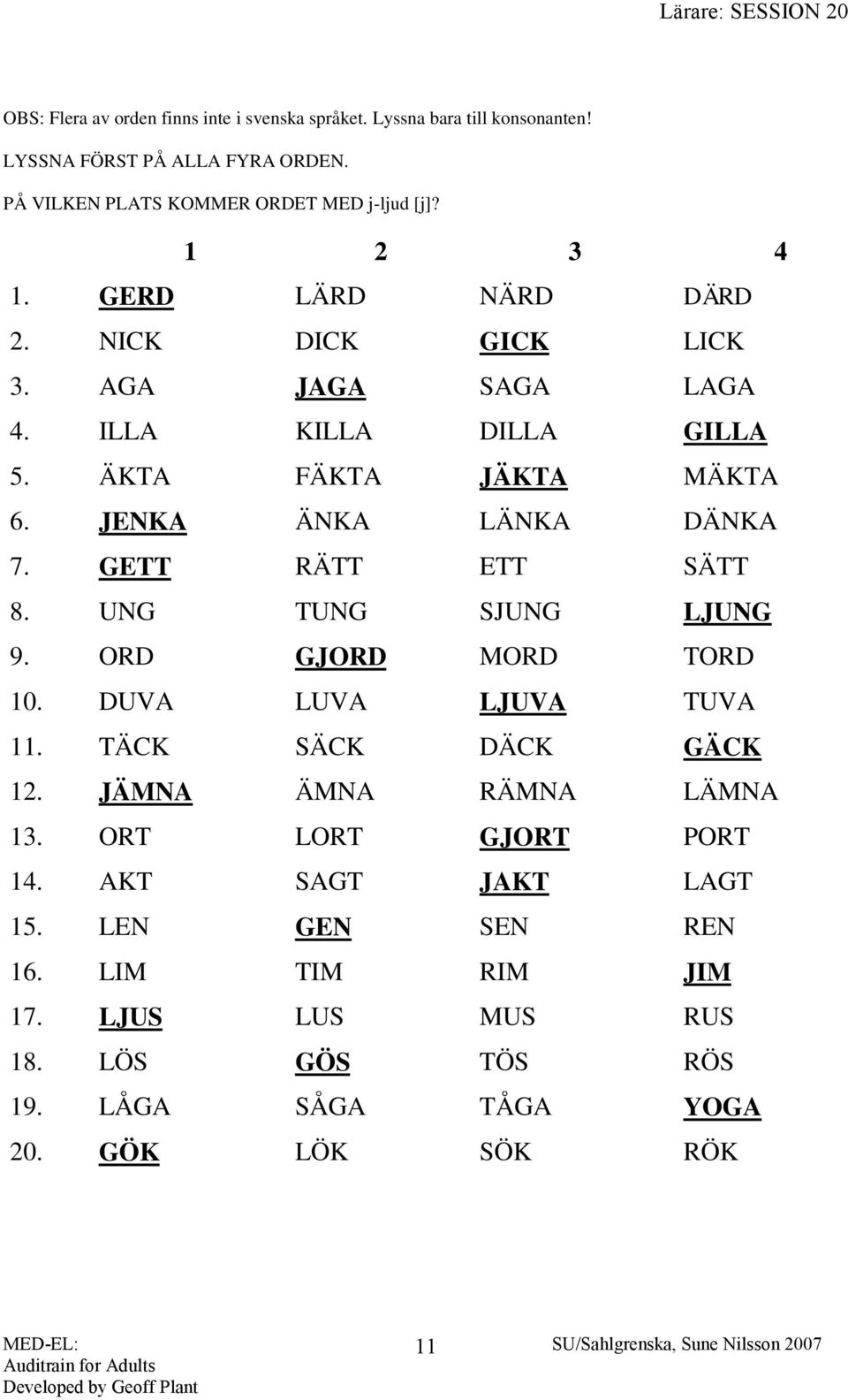 GETT RÄTT ETT SÄTT 8. UNG TUNG SJUNG LJUNG 9. ORD GJORD MORD TORD 10. DUVA LUVA LJUVA TUVA 11. TÄCK SÄCK DÄCK GÄCK 12. JÄMNA ÄMNA RÄMNA LÄMNA 13.