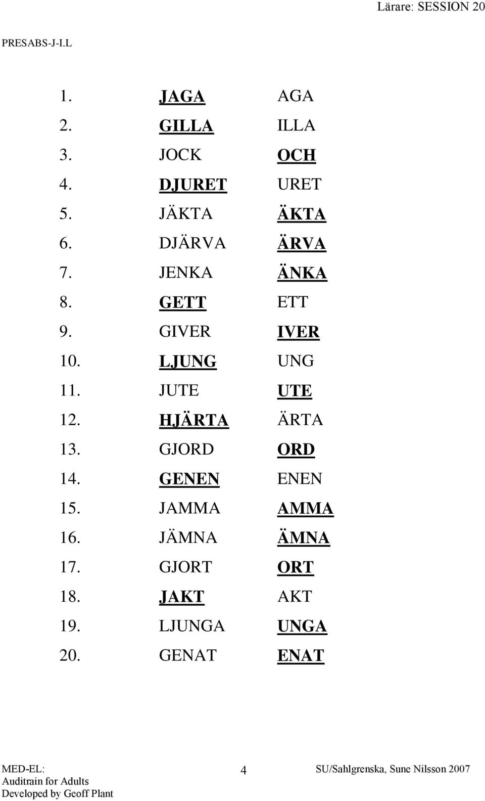 LJUNG UNG 11. JUTE UTE 12. HJÄRTA ÄRTA 13. GJORD ORD 14. GENEN ENEN 15.