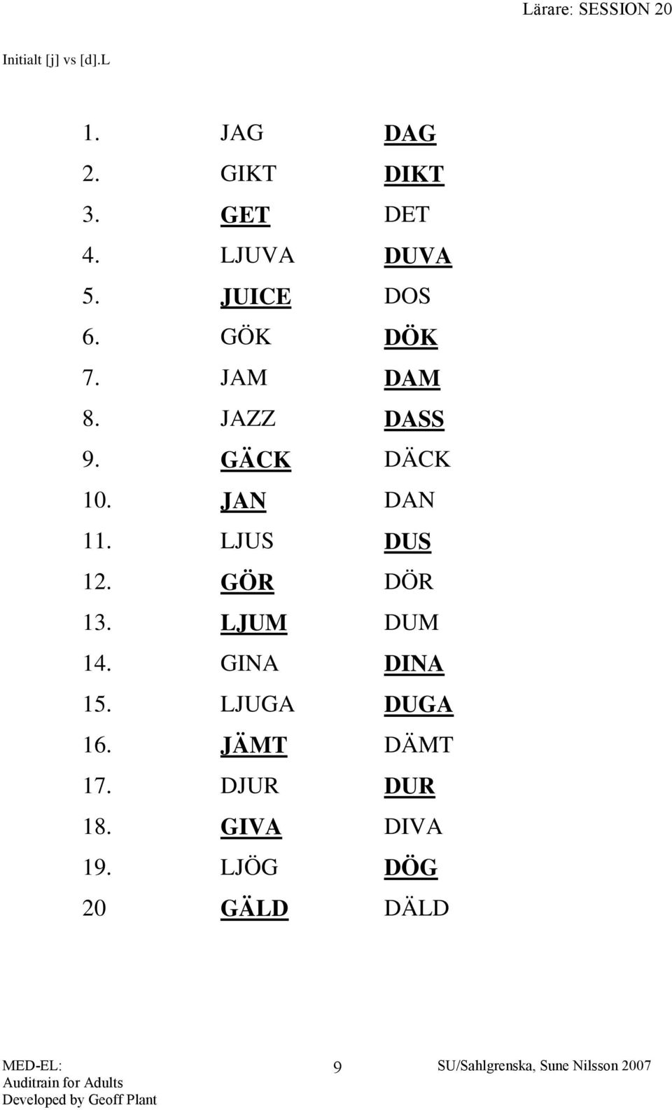 GÄCK DÄCK 10. JAN DAN 11. LJUS DUS 12. GÖR DÖR 13. LJUM DUM 14.