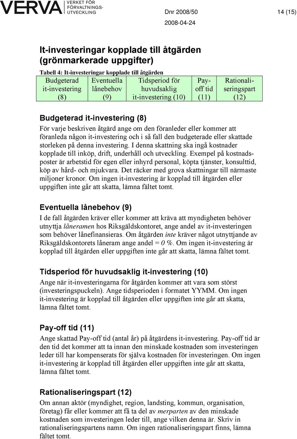 någon it-investering och i så fall den budgeterade eller skattade storleken på denna investering. I denna skattning ska ingå kostnader kopplade till inköp, drift, underhåll och utveckling.