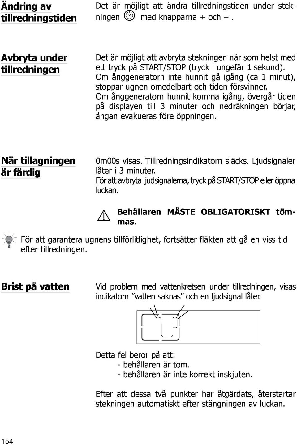 Om ånggeneratorn inte hunnit gå igång (ca 1 minut), stoppar ugnen omedelbart och tiden försvinner.