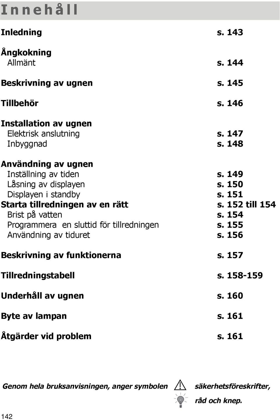 152 till 154 Brist på vatten s. 154 Programmera en sluttid för tillredningen s. 155 Användning av tiduret s. 156 Beskrivning av funktionerna s.