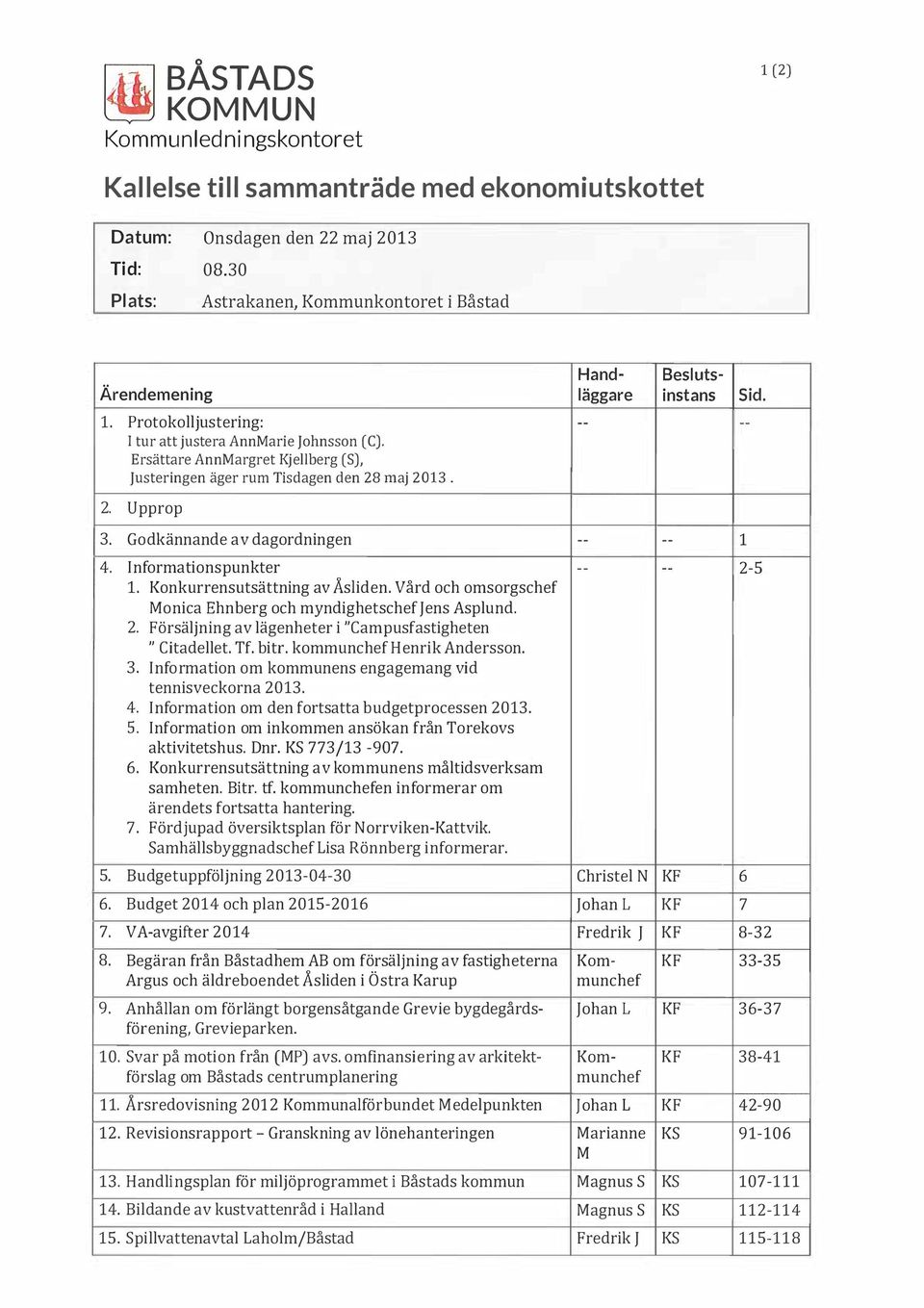 Ersättare AnnMargret Kjeberg (S), Justeringen äger rum Tisdagen den 28 maj 2013. -- -- 2. Upprop 3. 4. 5. Godkännande av dagordningen Informationspunkter 1. Konkurrensutsättning av Åsiden.