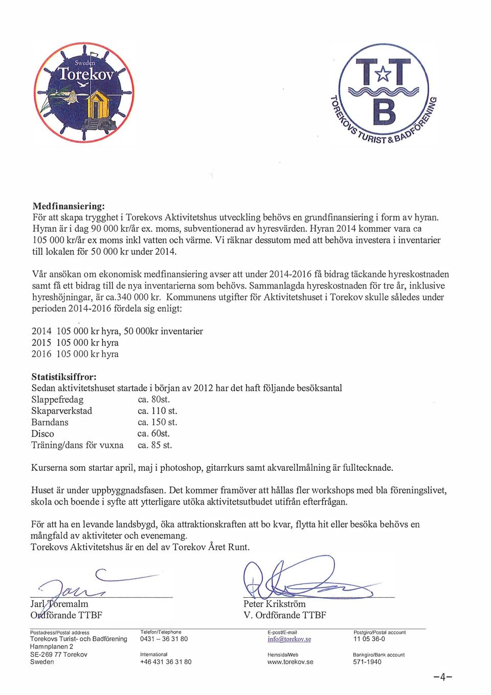 Vår ansökan om ekonomisk medfinansiering avser att under 2014-2016 få bidrag täckande hyreskostnaden samt få ett bidrag ti de nya inventatierna som behövs.
