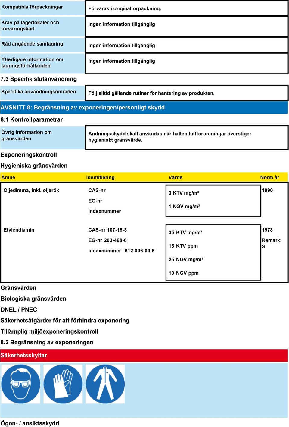 1 Kontrollparametrar Övrig information om gränsvärden Andningsskydd skall användas när halten luftföroreningar överstiger hygieniskt gränsvärde.