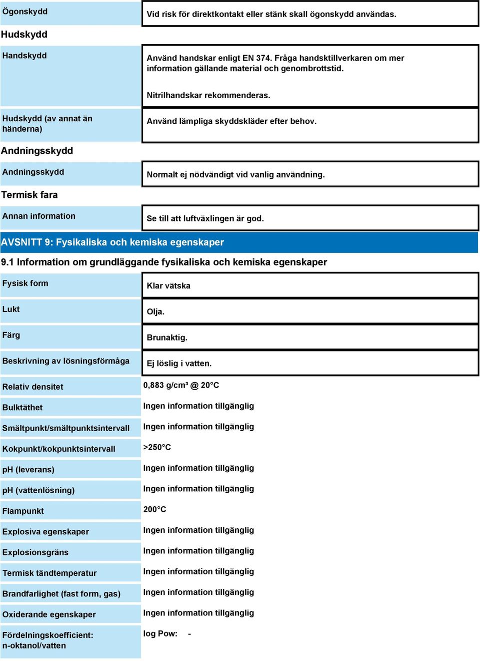Andningsskydd Andningsskydd Normalt ej nödvändigt vid vanlig användning. Termisk fara Annan information Se till att luftväxlingen är god. AVSNITT 9: Fysikaliska och kemiska egenskaper 9.