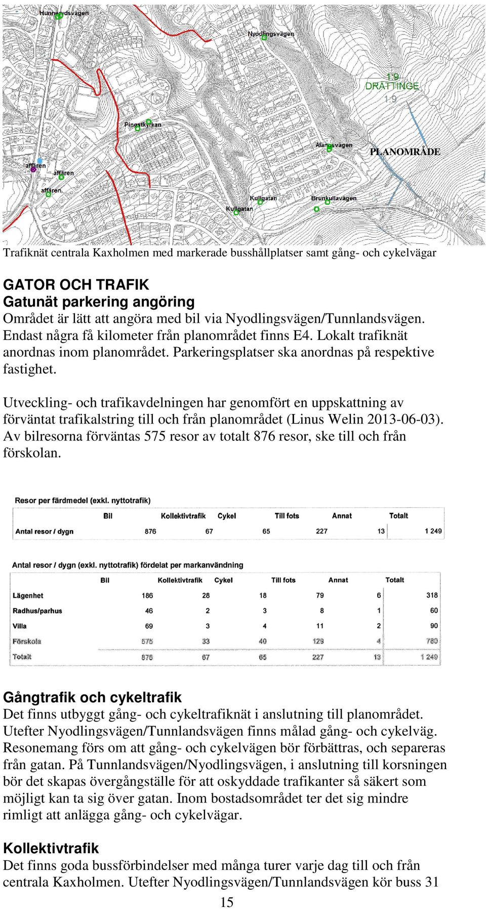 Utveckling- och trafikavdelningen har genomfört en uppskattning av förväntat trafikalstring till och från planområdet (Linus Welin 2013-06-03).