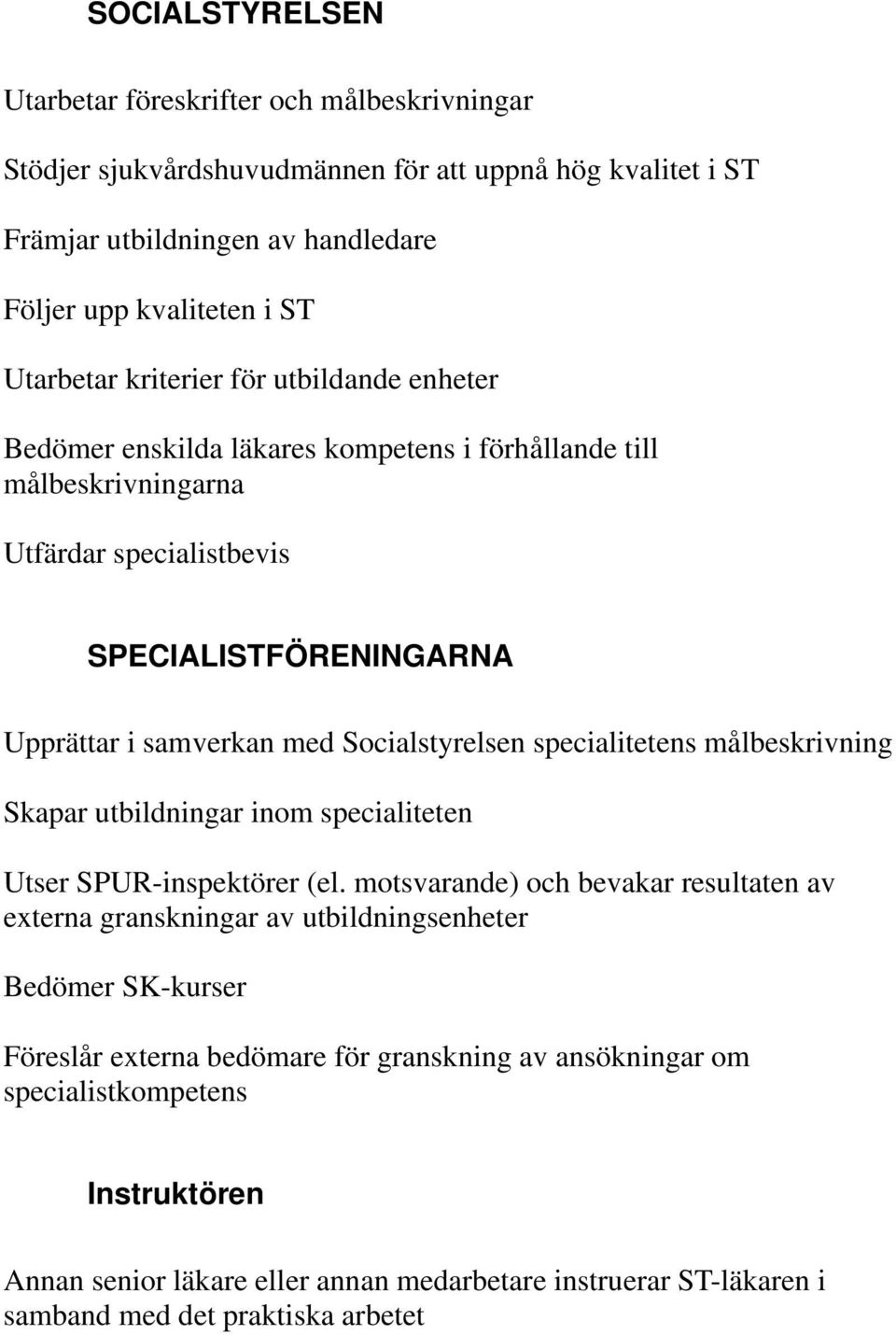 Socialstyrelsen specialitetens målbeskrivning Skapar utbildningar inom specialiteten Utser SPUR-inspektörer (el.