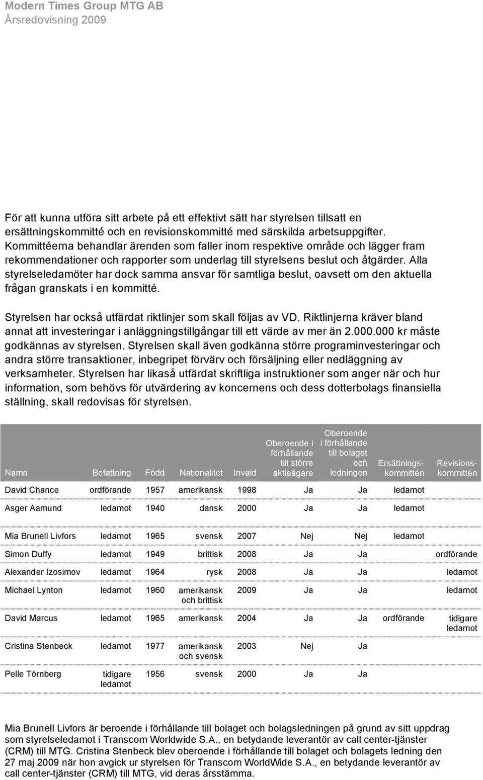 Alla styrelseledamöter har dock samma ansvar för samtliga beslut, oavsett om den aktuella frågan granskats i en kommitté. Styrelsen har också utfärdat riktlinjer som skall följas av VD.