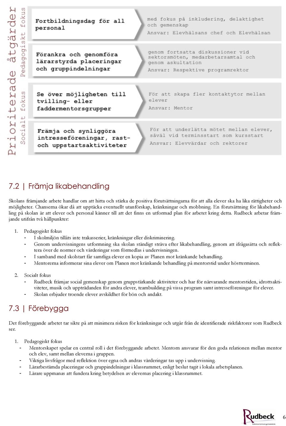 En förutsättning för likabehandling på skolan är att elever och personal känner till att det finns en utformad plan för arbetet kring detta. Rudbeck arbetar främjande utifrån två hållpunkter: 1.
