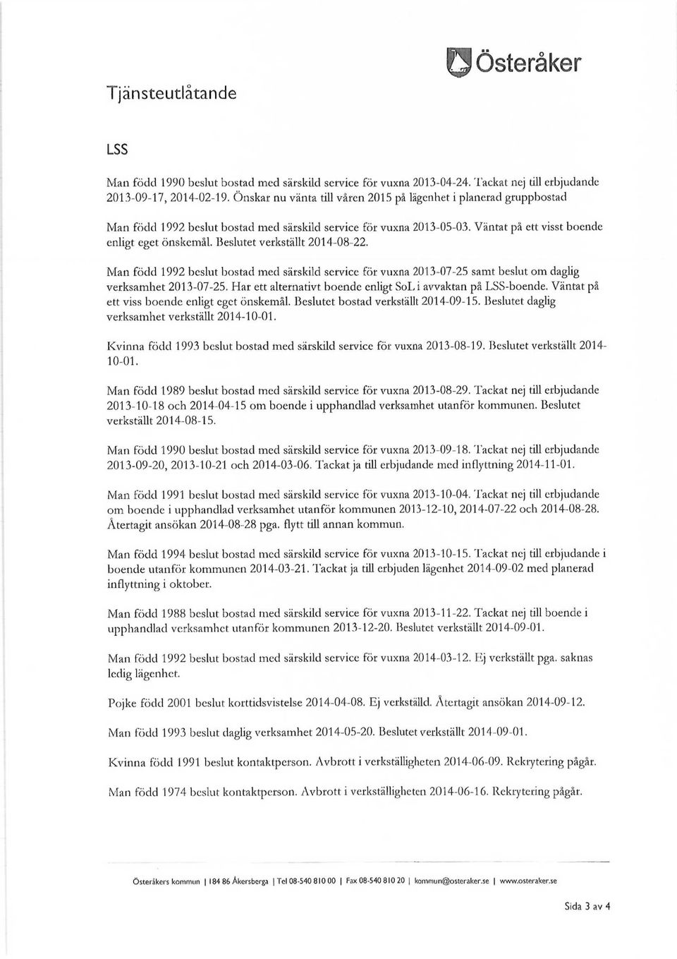 Beslutet verkställt 2014-08-22. Man född 1992 beslut bostad med särskild service för vuxna 2013-07-25 samt beslut om daglig verksamhet 2013-07-25.