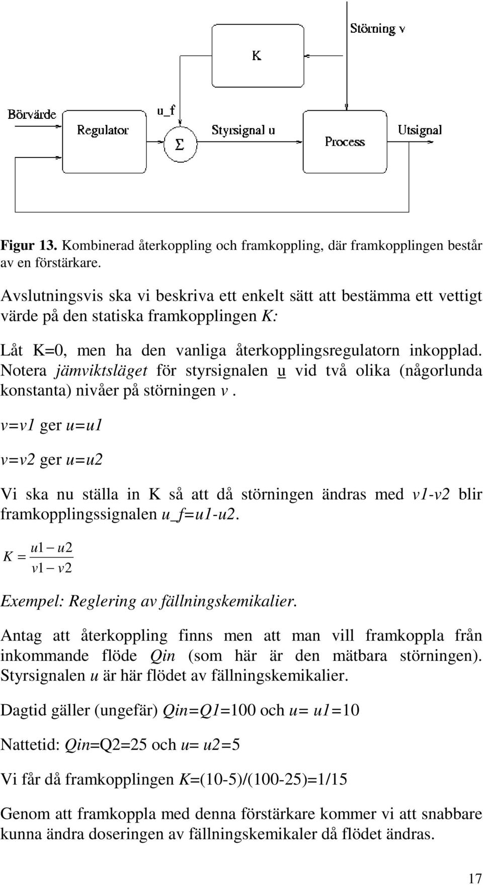 Notera jämviktsläget för styrsignalen u vid två olika (någorlunda konstanta) nivåer på störningen v.