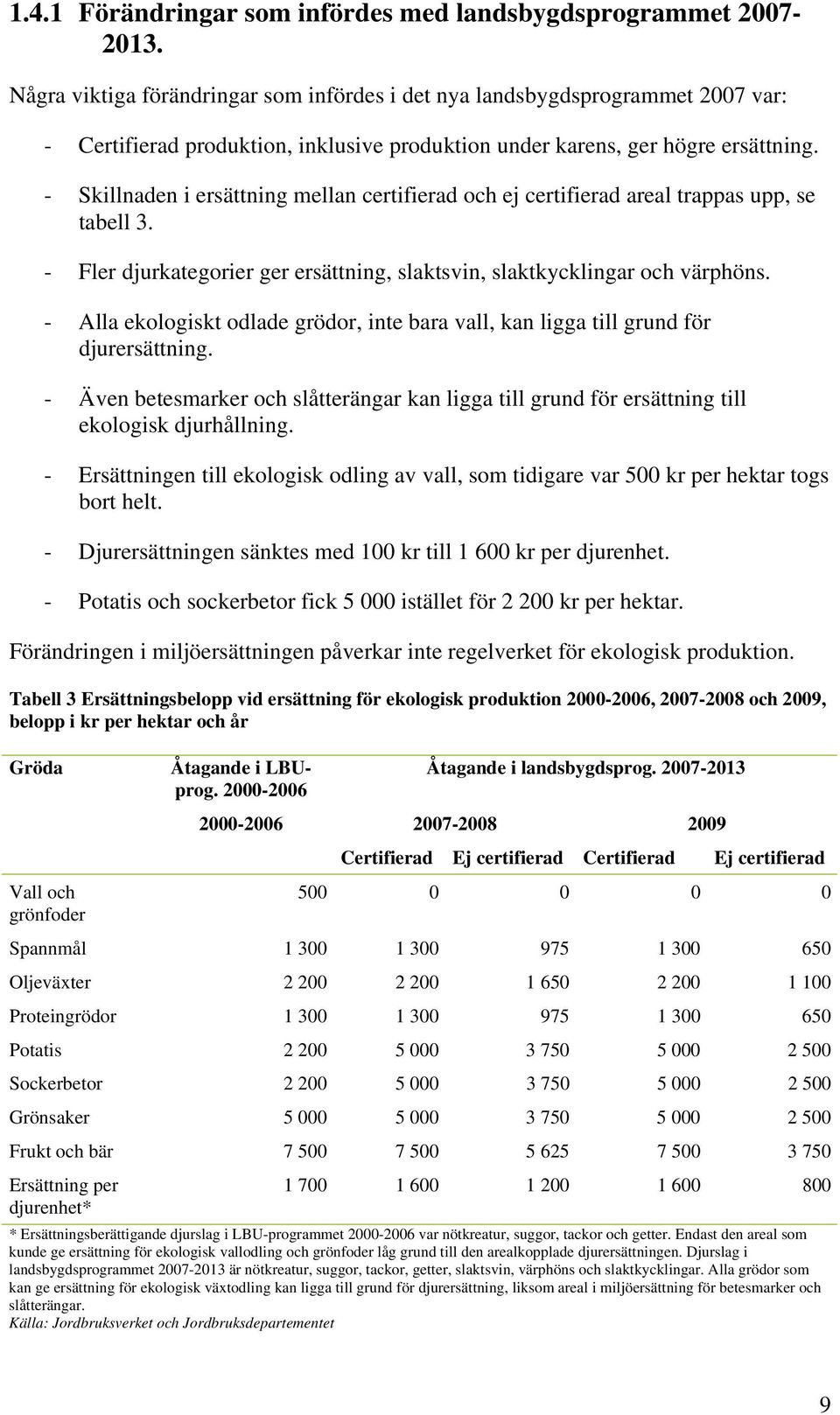 - Skillnaden i ersättning mellan certifierad och ej certifierad areal trappas upp, se tabell 3. - Fler djurkategorier ger ersättning, slaktsvin, slaktkycklingar och värphöns.