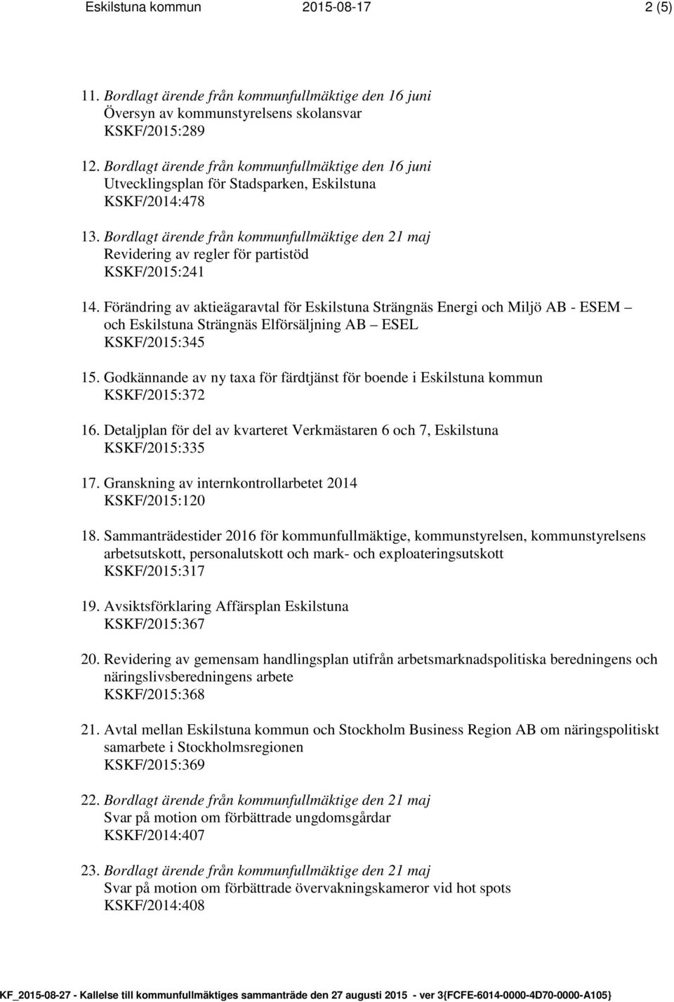 Bordlagt ärende från kommunfullmäktige den 21 maj Revidering av regler för partistöd KSKF/2015:241 14.