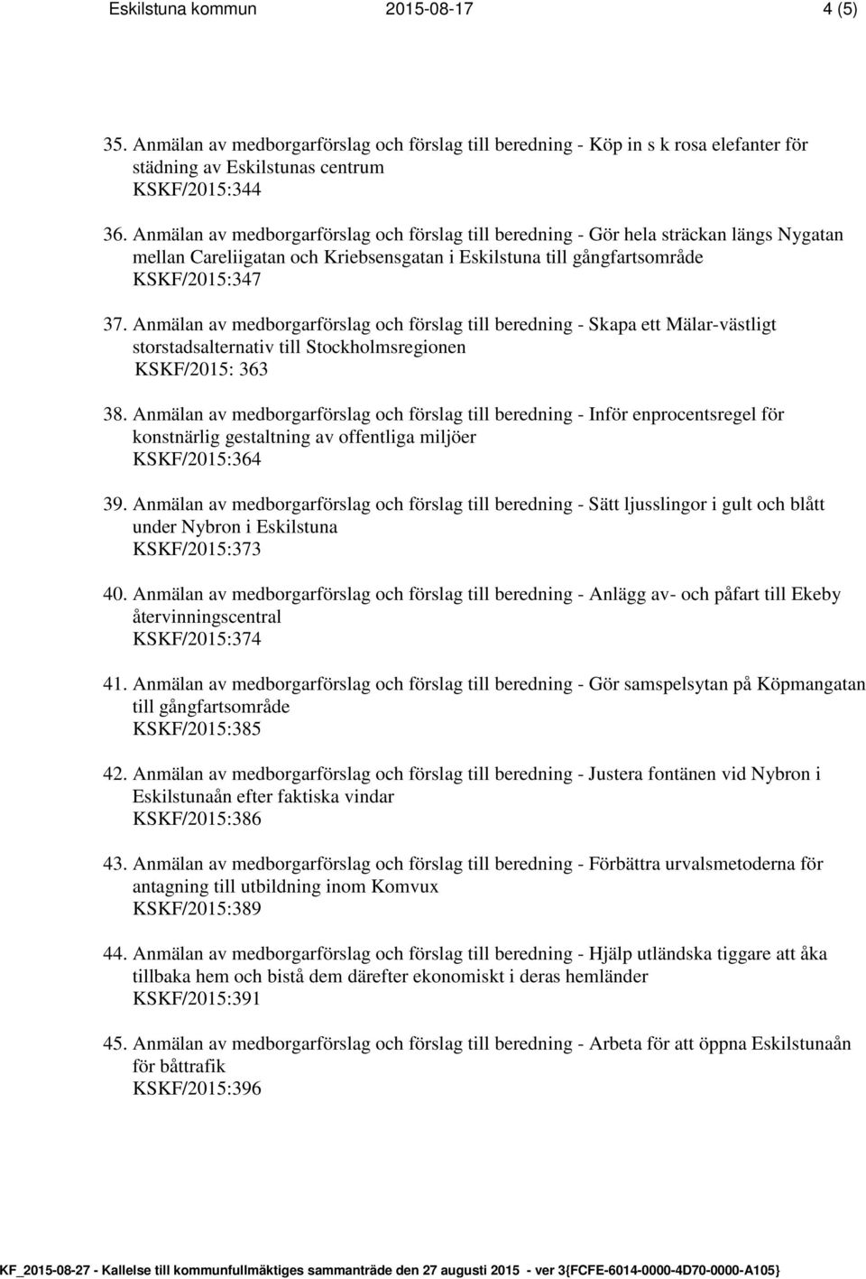 Anmälan av medborgarförslag och förslag till beredning - Skapa ett Mälar-västligt storstadsalternativ till Stockholmsregionen KSKF/2015: 363 38.