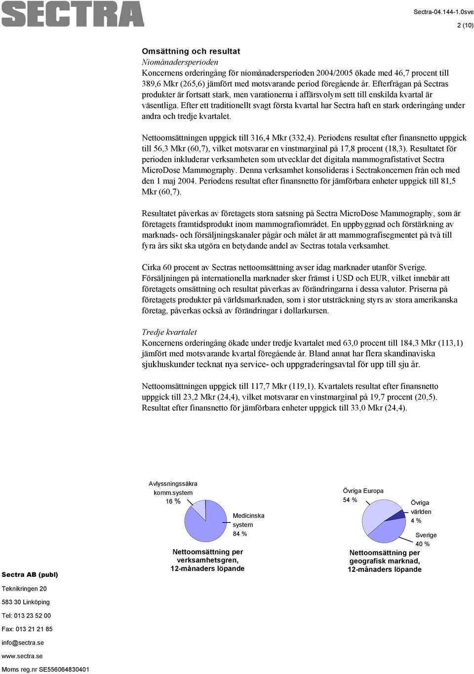 Efter ett traditionellt svagt första kvartal har Sectra haft en stark orderingång under andra och tredje kvartalet. Nettoomsättningen uppgick till 316,4 Mkr (332,4).