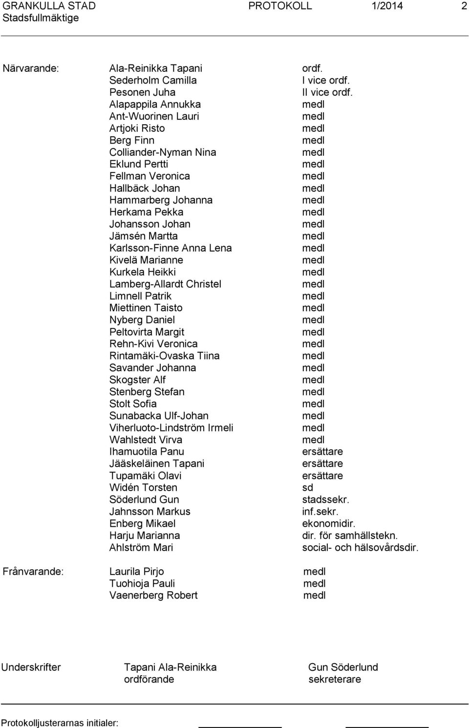 Karlsson-Finne Anna Lena Kivelä Marianne Kurkela Heikki Lamberg-Allardt Christel Limnell Patrik Miettinen Taisto Nyberg Daniel Peltovirta Margit Rehn-Kivi Veronica Rintamäki-Ovaska Tiina Savander