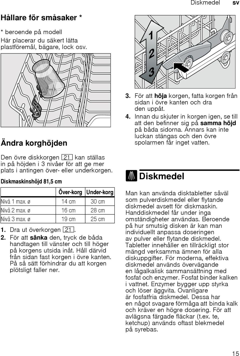 ø 14 cm 30 cm Nivå 2 max. ø 16 cm 28 cm Nivå 3 max. ø 19 cm 25 cm 1. Dra ut överkorgen 1*. 2. För att sänka den, tryck de båda handtagen till vänster och till höger på korgens utsida inåt.